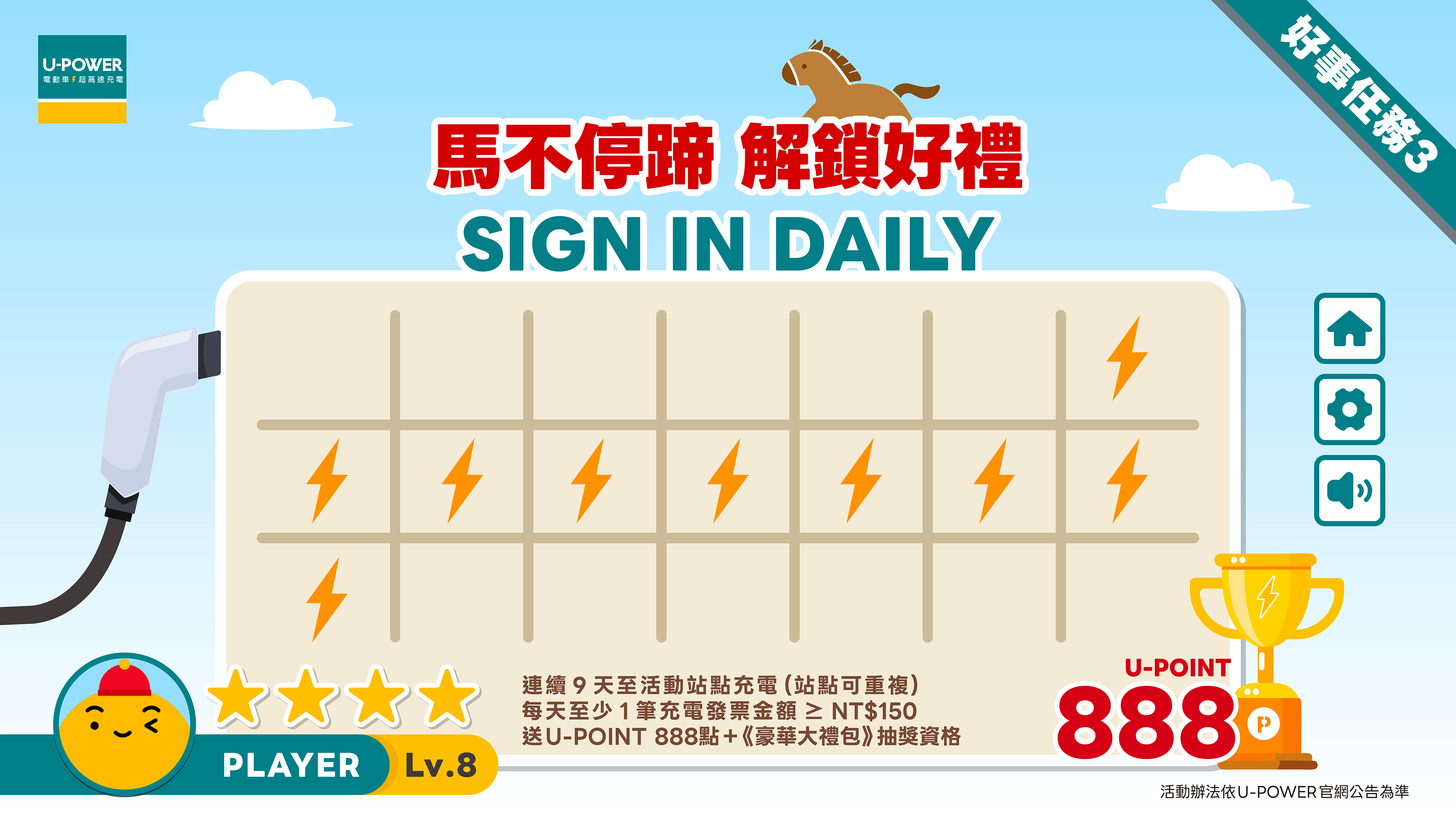 好事任務三｜馬不停蹄，解鎖好禮：活動期間連續 9 天完成充電（站點可重複），且每日皆有1筆發票金額達 NT$150（含）以上，就送 U-POINT 888 點