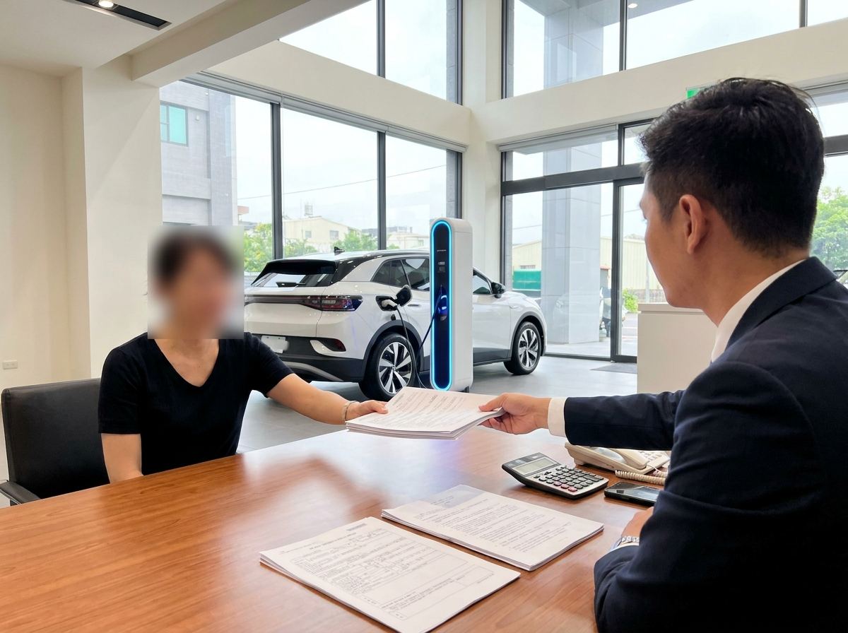 保險業務員在電動車展間櫃檯遞交保單文件給客戶，背景可見電動車與充電樁