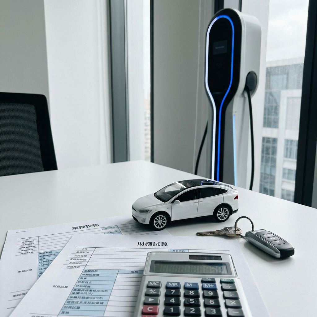 購車財務規劃文件與計算機，桌上放著一台電動車鑰匙模型