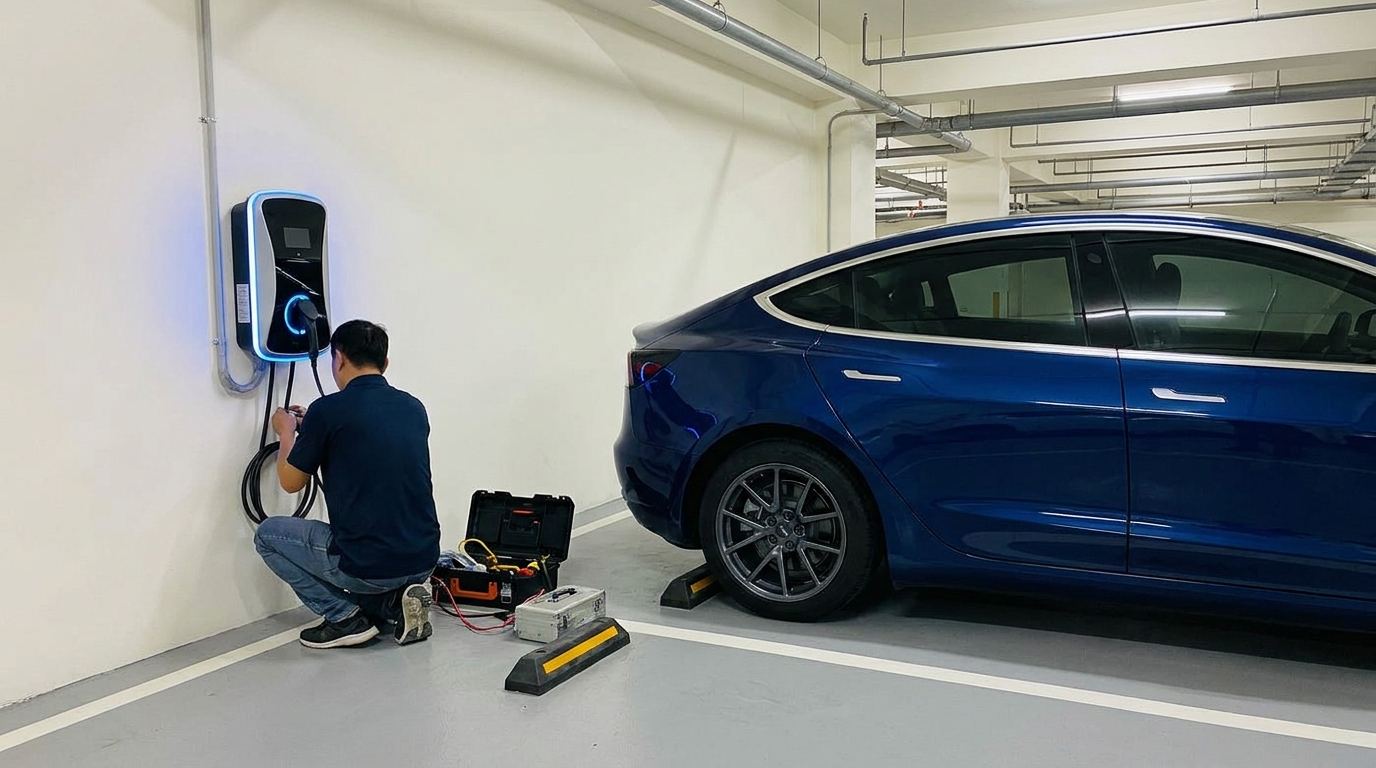 台灣集合住宅地下停車場，一位電工在牆邊安裝壁掛式充電樁