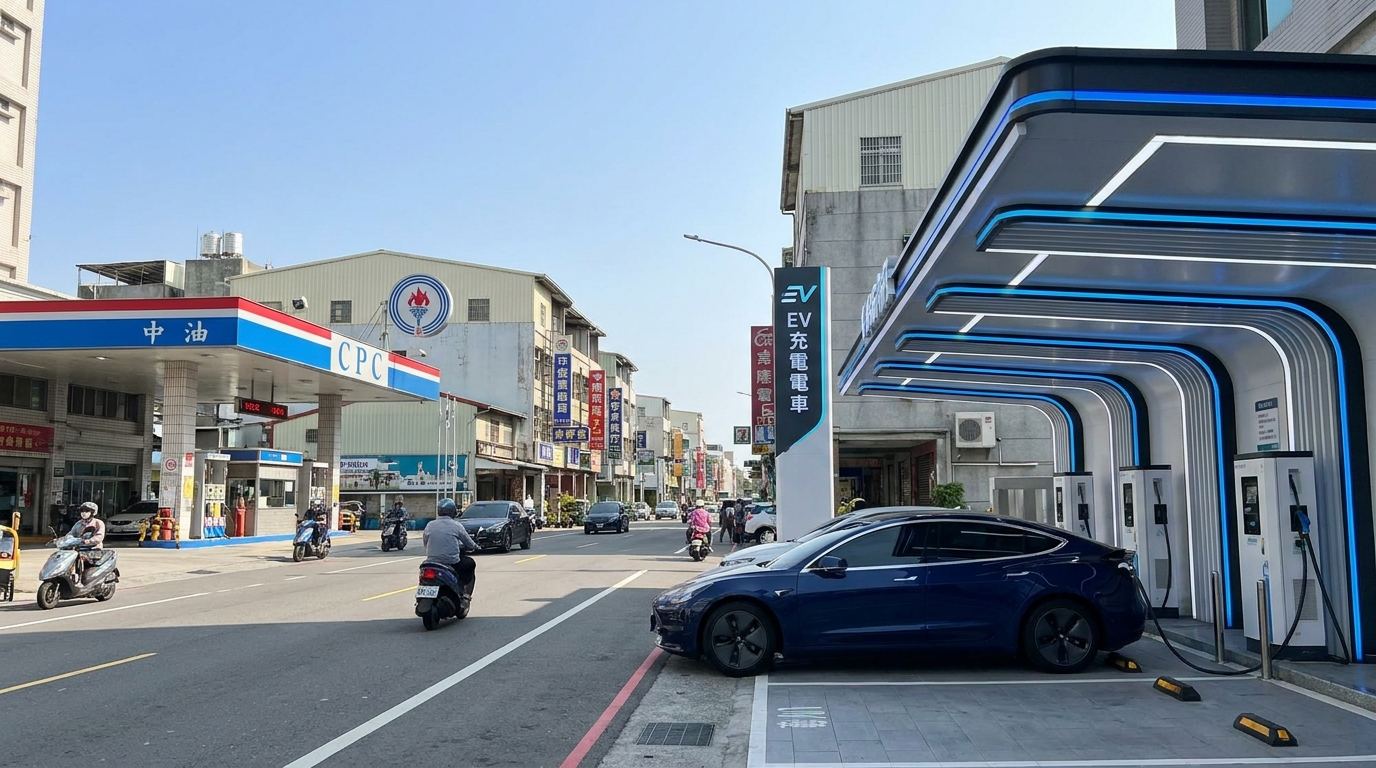 街道一側是傳統CPC加油站，另一側是電動車公共充電站，兩種設施同時出現在畫面中
