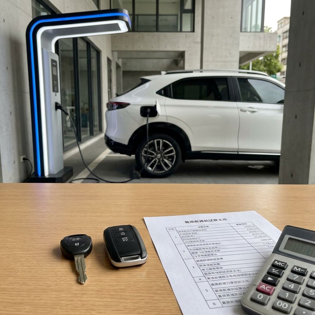 桌上並排放著一支傳統燃油車鑰匙與一支電動車智能鑰匙，旁邊有舊換新補助試算文件與計算機