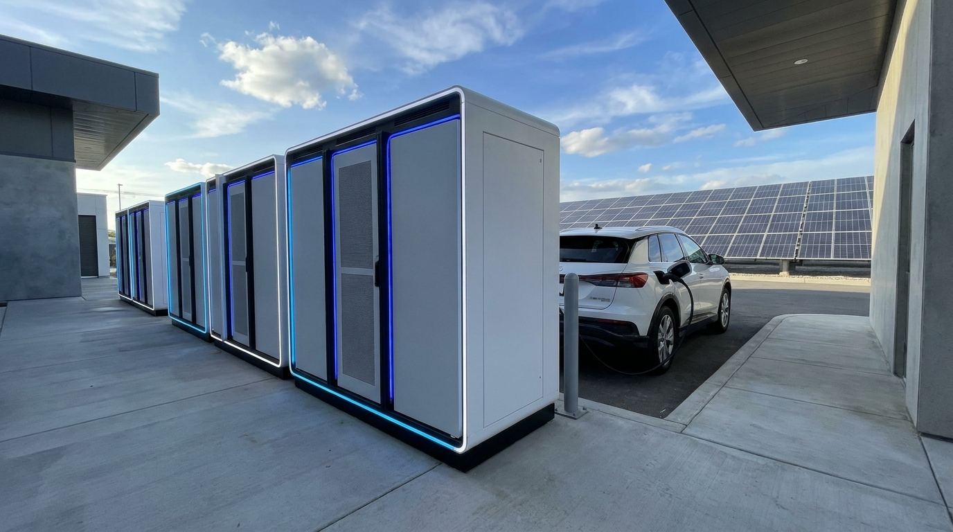一整排大型電池儲能櫃安裝在戶外空地，旁邊有太陽能板，一台電動車正在充電