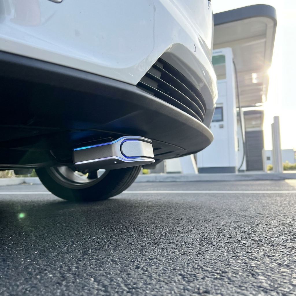 電動車前保桿下方的AVAS低速警示音揚聲器特寫，金屬質感的小型喇叭裝置