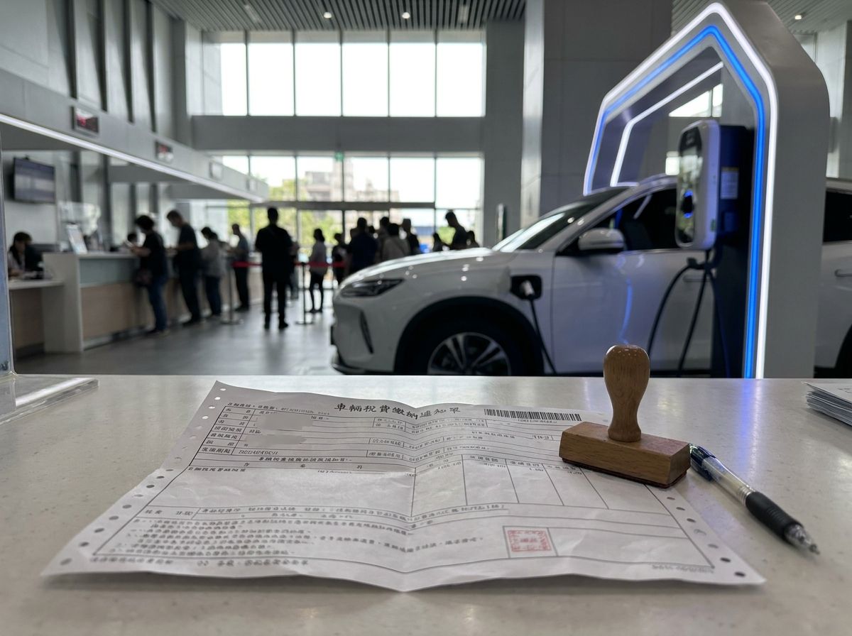 監理站服務台前一份車輛稅費繳納通知單攤放在桌上，旁邊有印章與筆