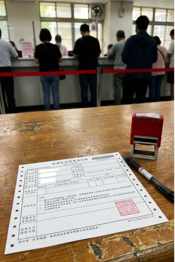 桌上攤放車輛稅務相關文件與計算機，畫面呈現購車財務試算情境